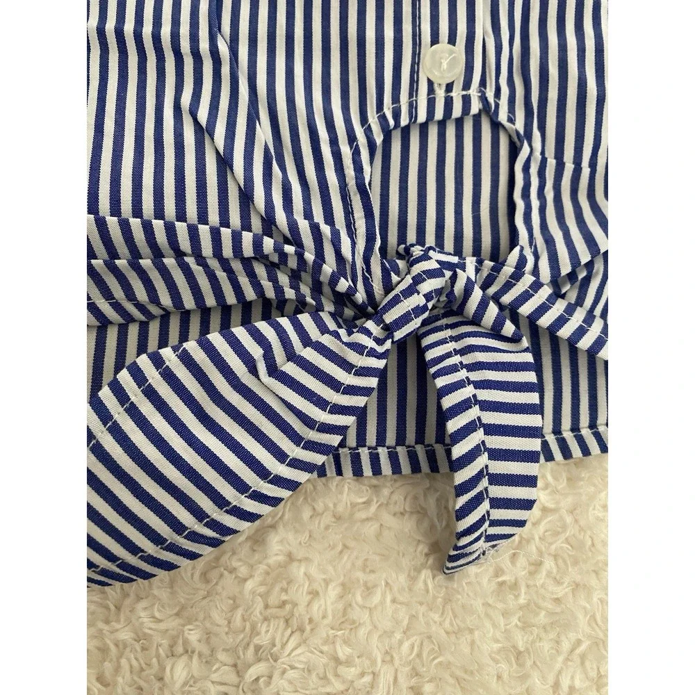 New Pink Rose Women's L Blue Striped Cotton Short Sleeve Blouse with Bow‎ Tie